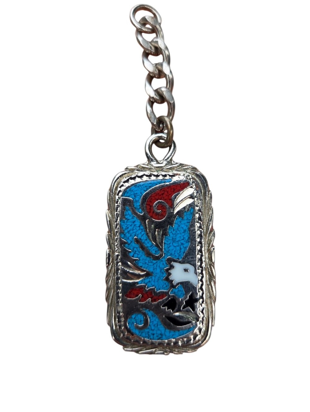 Vintage Native American Chip Inlay Pendant Peyote Bird Crushed Turquoise & Coral